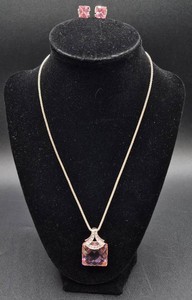 Sterling Silver Necklace and Earrings Set with Pink Lab Created Sapphire Pendant