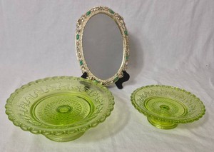 Vintage Lime Green Depression Glass Pedestal Dishes and Vintage Jeweled Vanity Tray