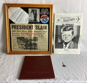 John F. Kennedy Memorabilia Collection Kennedy Shadow Box, Torch is Passed Book and JFK  Commemorative MedalToken,
