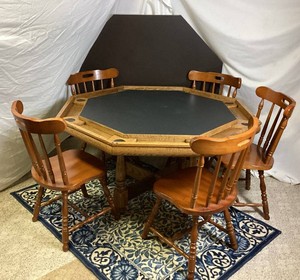 Octagonal Oak Poker Table with Black Playing Surface, Table Cover and 5 Chairs