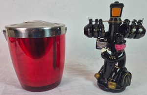 Vintage Ruby Red Casamada Ice Bucket and Enesco Never on Sunday Whiskey Decanter