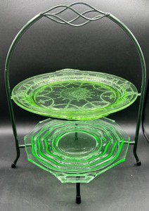 Vintage Uranium Glass Plates - Jenkins Glass Ocean Wave and Anchor Hocking Cameo Cake Plate