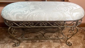 Oval Upholstered Bench with Metal Legs and Lower Shelf