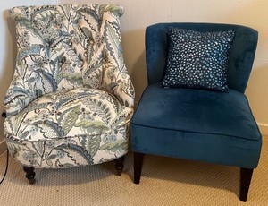 Two Accent Chairs -Blue Floral Print and Solid BlueTeal Armless Chair with Pillow