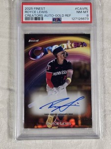 Royce Lewis 2025 Topps Finest Creators Auto Gold Refractor Numbered 37/50 and PSA NM-MT 8 - Minnesota Twins Baseball Card