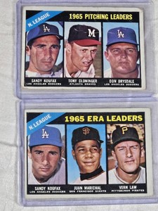 Lot of 2 Baseball Cards Featuring Sandy Koufax, Don Drysdale, Tony Cloninger, Juan Marichal, and Vern Law - 1965 Topps Baseball League Leaders Cards.