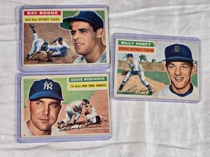 Lot of 3 Vintage 1956 Topps Baseball Cards Featuring Ray Boone, Eddie Robinson, and Billy Hoeft - Detroit Tigers and New York Yankees.
