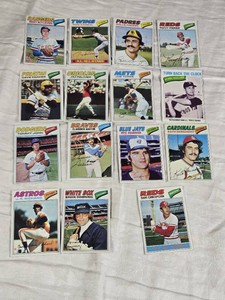 Lot of 15 Vintage Baseball Cards Featuring Hall of Famers and Stars Like Bert Blyleven, Rod Carew, Rollie Fingers, and Others - Vintage 1977 Topps Baseball Cards.