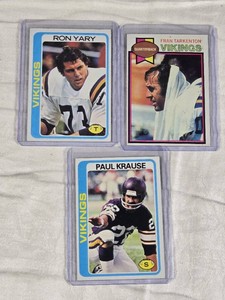 Lot of 3 Minnesota Vikings Vintage Football Cards Featuring Fran Tarkenton, Paul Krause, and Ron Yary, 1970s Topps