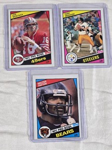 Lot of 3 Vintage 1984 Topps Football Cards Featuring Terry Bradshaw, Joe Montana, and Walter Payton