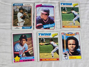 Lot of 6 Rod Carew Baseball Cards featuring Twins and Angels teams, including All-Star cards from various years and a 1983 All-Star Game Commemorative Set.
