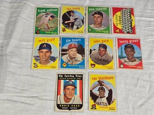 Lot of 10 Vintage 1959 Baseball Cards Featuring Frank Sullivan, Leo Kiely, and Others