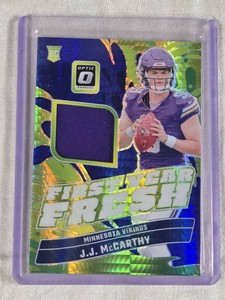 J.J. McCarthy Rookie Relic 2024 Panini Donruss Optic First Year Fresh Prizm FYF-JMY - Minnesota Vikings Football Card
