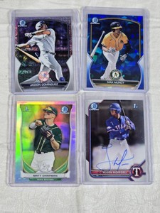 Lot of 4 Bowman Baseball Cards Featuring Jasson Dominguez Mojo, Max Muncy Sapphire, Matt Chapman Refractor, and Yeison Morrobel Auto