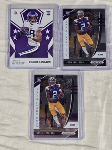 Lot of 3 Justin Jefferson Rookie Cards Including 2 2020 Prizm Draft Picks Rookie Cards from LSU and 1 Rookies & Stars Rookie Card from Minnesota Vikings.