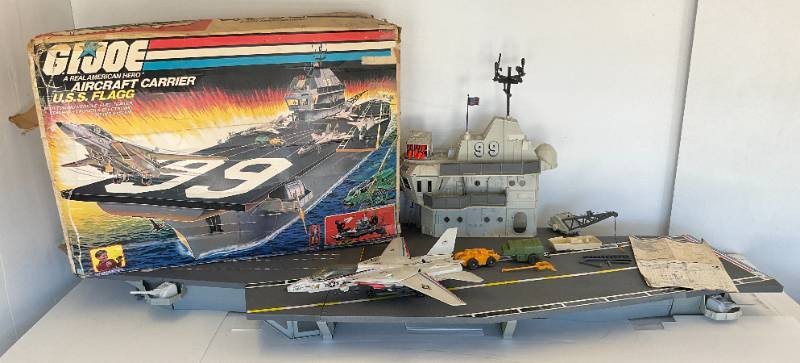 7 Foot Long 1985 GI Joe USS Flagg Aircraft Carrier Pre-Owned With Original Box (Box Beat Up And Some Pieces Missing) See Photos And 1983 Skystriker (Some Pieces Missing)