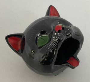 MCM 1950s Shafford Redware Pottery Black Cat Head Ashtray 3 x 4 x 4