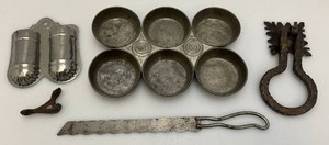 Misc. Vintage Items Including Double Tin Match Holder, Muffin Tin, Metal Door Knocker And More