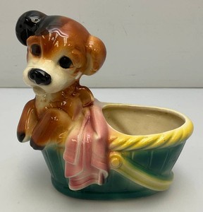 Vintage Royal Copley Puppy In Wagon Planter 4 x 6 12 x 6 34