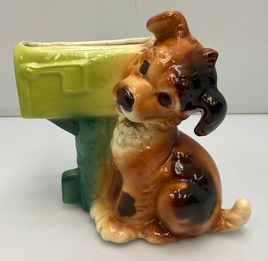Vintage Royal Copley Puppy With Mailbox Planter 4 12 x 8 x 8 (Tiny Hairline Crack On Top Back Of Mailbox And Tail Repaired)