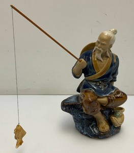 Vintage 1980s Chinese Mud Man Shiwan Fisherman Figurine With Fish 7 14  (Fish Has Broken Fins)