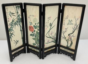 Vintage Oriental Hand Painted Silk Tabletop Folding Screen 11 12 x 16