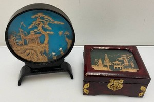 1970s-80s Vintage Chinese Hand Carved Cork Items Including Trinket Box 3 x 5 12 x 6 12 And Lacquered Round Frame 2 x 6 14 x 8 34