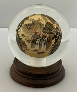 Vintage Chinese Collectible Reverse Painted Glass Crystal Ball With Stand 4