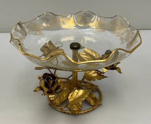 Vintage Mid-Century Gilt Italian Tole Dish 6 x 8 Gold Tone Lip And Print