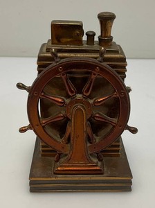 Antique ROSON 1939 Art Deco Dureum Brass Nautical Desk Touch-Tip Lighter Heavy Metal (One Tip Broken On Wheel) 2 3/4" x 3 1/4" x 4 1/2"