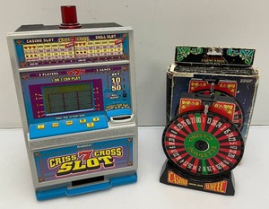 Miniature Criss 7 Cross Slot Machine Battery Operated 6 x 7 12 x 12 12 (Untested) And Casino Wheel With Original Box
