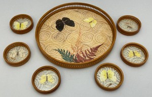 Vintage Mid-Century 11 Bamboo Serving Tray And Coasters With Mounted Butterflies
