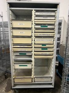 MSRP $4,000 MOBILE HOSPITAL INVENTORY MANAGEMENT CABINET, 80H x 48W x 24D, ROLLING BIN STORAGE SYSTEM W CASTERS, DUAL-COLUMN ORGANIZER FOR MEDICAL SUPPLIES, PARTS, CABLES &amp MATERIALS MANAGEMENT, TAMBOUR DOOR REMOVED