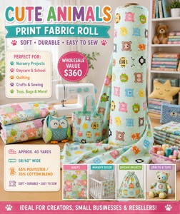 WHOLESALE $360 CUTE ANIMALS PRINT FABRIC ROLL, APPROX 40 YDS, 5860W, 65% POLY  35% COTTON, NURSERY, DAYCARE, CRAFT, QUILTING, SCHOOL &amp RESELLER LOT