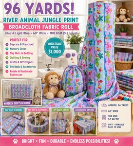 WHOLESALE $1000 RIVER ANIMAL JUNGLE PRINT BROADCLOTH FABRIC ROLL, APPROX 96 YDS, LILAC &amp LIGHT BLUE, 60W, 100 GSM, 5.1 OZYD, MONKEY, TURTLE, CROCODILE &amp BIRD PRINT, DAYCARE, NURSERY, NAP MAT, QUILTING, SEWING, CRAFT, PET BED &amp RESELLER