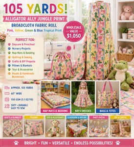WHOLESALE $1,050 ALLIGATOR ALLY TROPICAL JUNGLE PRINT BROADCLOTH FABRIC ROLL, APPROX 105 YDS, YELLOW, PINK, GREEN &amp BLUE, 60W, 100 GSM, 5.1 OZYD, MONKEY, TURTLE, ALLIGATOR, PALM TREE &amp BIRD PRINT, DAYCARE, NURSERY, NAP MAT, QUILTING