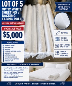 WHOLESALE $5,000 LOT OF 5 OPTIC WHITE SHEETING  BACKING FABRIC ROLLS, APPROX 105 YDS, 60W, GARMENT LINING, QUILT BACKING, BEDDING, PILLOW &amp MATTRESS COVERS, NAP MATS, PATTERN MAKING, COMMERCIAL SEWING, TEXTILE MANUFACTURING
