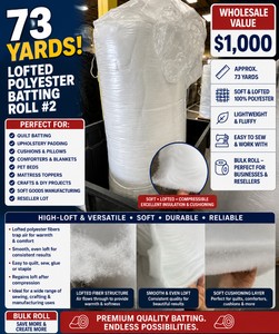 WHOLESALE $1,000 LOFTED POLYESTER BATTING ROLL #2, APPROX 73 YDS, QUILT BATTING, UPHOLSTERY PADDING, CUSHIONS, COMFORTERS, PET BEDS, MATTRESS TOPPERS, CRAFTS, SOFT GOODS MANUFACTURING &amp RESELLER LOT