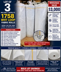 WHOLESALE $3,000 LOT OF 3 WILLIAM J. DIXON CO. 1758 WHT LOOP FABRIC ROLLS, APPROX 300 TOTAL YARDS, WHITE HOOK &amp LOOP FASTENER MATERIAL (VELCRO LOOP COMPATIBLE), ORTHOPEDIC BRACES, SUPPORTS, STRAPS, INDUSTRIAL SEWING &amp MANUFACTURING LOT
