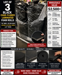 WHOLESALE $2,500 3 ROLLS BLACK CHAR-FLAMED LAMINATED FOAM, 56W X 30 YDS EACH, APPROX 90 TOTAL YARDS, 12 THICK, MEDICAL &amp ORTHOPEDIC PADDING, UPHOLSTERY, AUTOMOTIVE INTERIOR, SOUND DAMPENING, CUSHIONING &amp FABRICATION MATERIAL