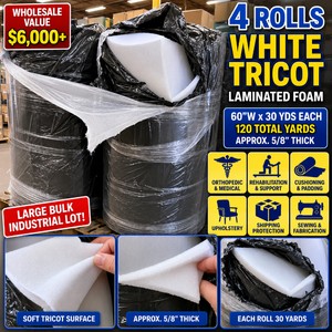 WHOLESALE $6,000 4 ROLLS WHITE TRICOT LAMINATED FOAM MATERIAL, APPROX 60W X 30 YDS EACH, 120 TOTAL YARDS, APPROX 58 THICK, ORTHOPEDIC, REHABILITATION, CUSHIONING, PADDING, PADDED SHIPPING PROTECTION &amp FABRICATION MATERIAL