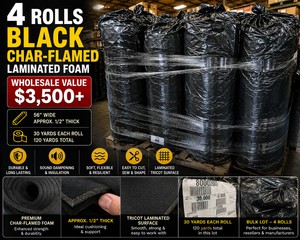WHOLESALE $3,500 4 ROLLS BLACK CHAR-FLAMED LAMINATED FOAM, 56W X 30 YDS EACH, 120 TOTAL YARDS, APPROX 12 THICK, MEDICAL &amp ORTHOPEDIC PADDING, UPHOLSTERY, AUTOMOTIVE INTERIOR, SOUND DAMPENING &amp CUSHIONING MATERIAL