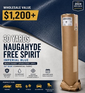 WHOLESALE $1,200 30 YD NAUGAHYDE FREE SPIRIT IMPERIAL BLUE BEAUTYGARD� UPHOLSTERY VINYL, 54W COMMERCIAL FABRIC, 250K DOUBLE RUBS, HEALTHCARE, MARINE, RV, FITNESS, AUTOMOTIVE &amp HOSPITALITY SEATING Cold Crack Resistant to -20°F Oil Resistant