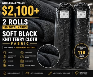 WHOLESALE $2,100 2 ROLLS SOFT BLACK KNIT TERRY CLOTH FABRIC, 119 TOTAL YARDS, 60W ABSORBENT MATERIAL APPAREL, LOUNGEWEAR, JOGGERS, HOODIES, SPA ROBES, HAIR WRAPS, MAKEUP REMOVER WIPES, WASHCLOTHS &amp CUSTOM SEWING