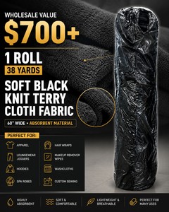WHOLESALE $700 1 ROLL SOFT BLACK KNIT TERRY CLOTH FABRIC, 38 YARDS, 60W ABSORBENT MATERIAL APPAREL, LOUNGEWEAR, JOGGERS, HOODIES, SPA ROBES, HAIR WRAPS, MAKEUP REMOVER WIPES, WASHCLOTHS &amp CUSTOM SEWING
