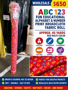 WHOLESALE $650 ABC 123 FUN EDUCATIONAL ALPHABET &amp NUMBER PRINT BROADCLOTH FABRIC ROLL, APPROX 65 YDS, RED MULTI-COLOR, DAYCARE, PRESCHOOL, CLASSROOM, NAP MAT, QUILTING, SEWING, CRAFT &amp RESELLER LOT