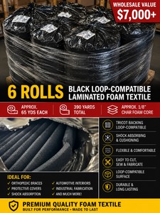WHOLESALE $7,000 6 ROLLS BLACK LOOP-COMPATIBLE LAMINATED FOAM TEXTILE, 390 TOTAL YARDS, 18 CHAR FOAM CORE, TRICOT BACKING, ORTHOPEDIC BRACES, PROTECTIVE COVERS, SHOCK ABSORPTION, AUTOMOTIVE INTERIORS &amp INDUSTRIAL FABRICATION MATERIAL