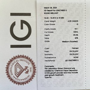 4.09 Carat Lab-Grown Round Brilliant Cut Diamond; Retail Estimate $6,135 + $200 Gift Certificate Included! *VIDEO*