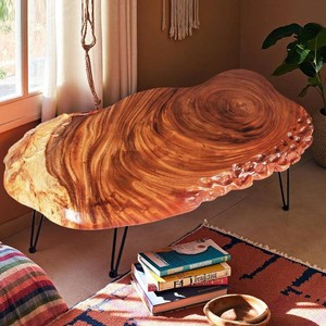 $300 BTEOBFY 14" Live Edge Coffee Table - Handcrafted Solid Wood Side Table with Sturdy Metal Hairpin Legs - Unique Organic Shape End Table for Living Room & Small Spaces, Rustic Boho Decor