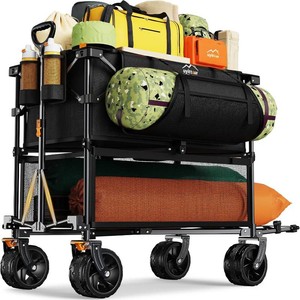 Uyittour Foldable 50L Extra Long Double Decker Wagon for Sport, 400L Collapsible Heavy Duty Wagon Cart with Big Wheels, Utility All-Terrain Large Extender Cart for Outdoors